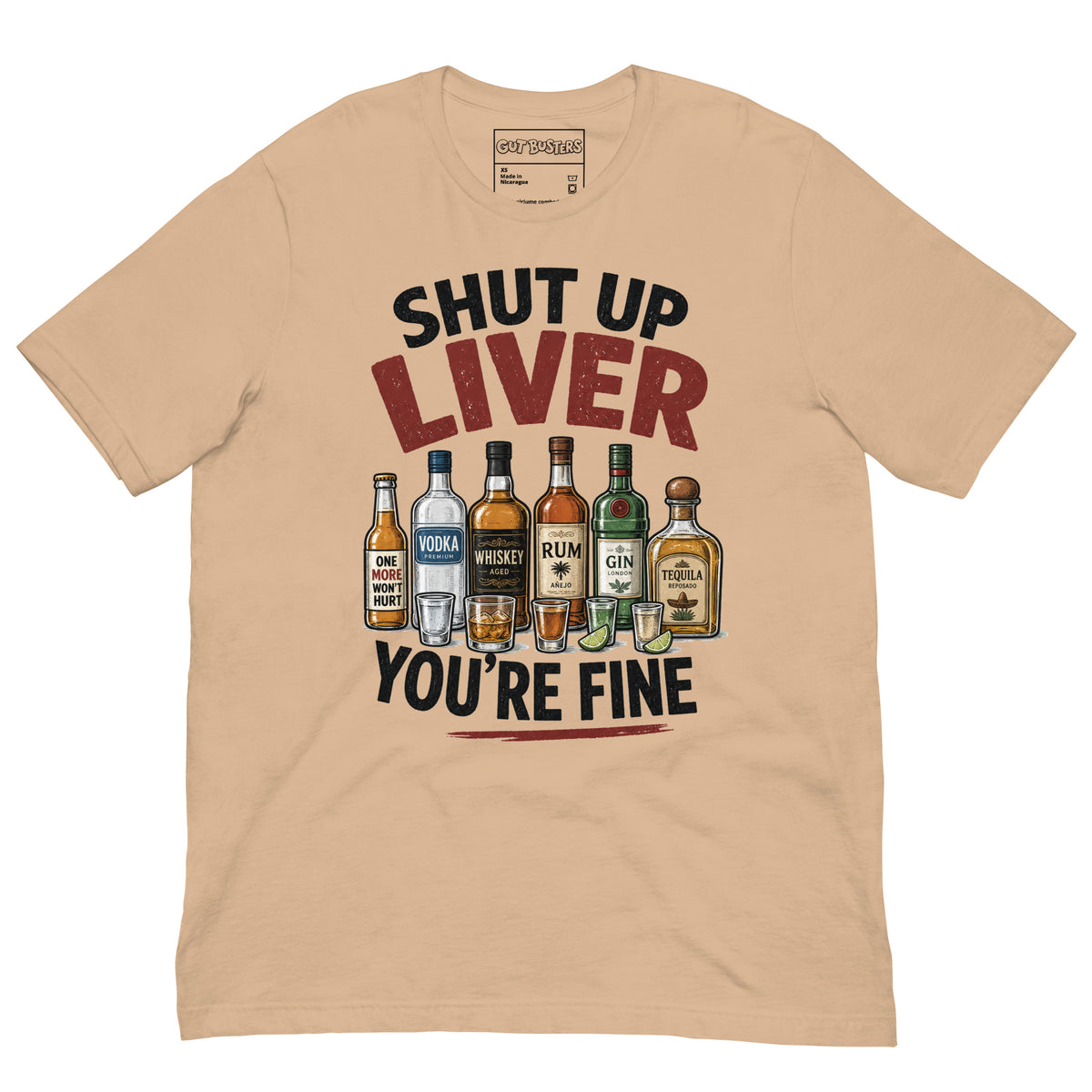 Funny "My Drinking Shirt" graphic printed on a tan unisex tee, front view