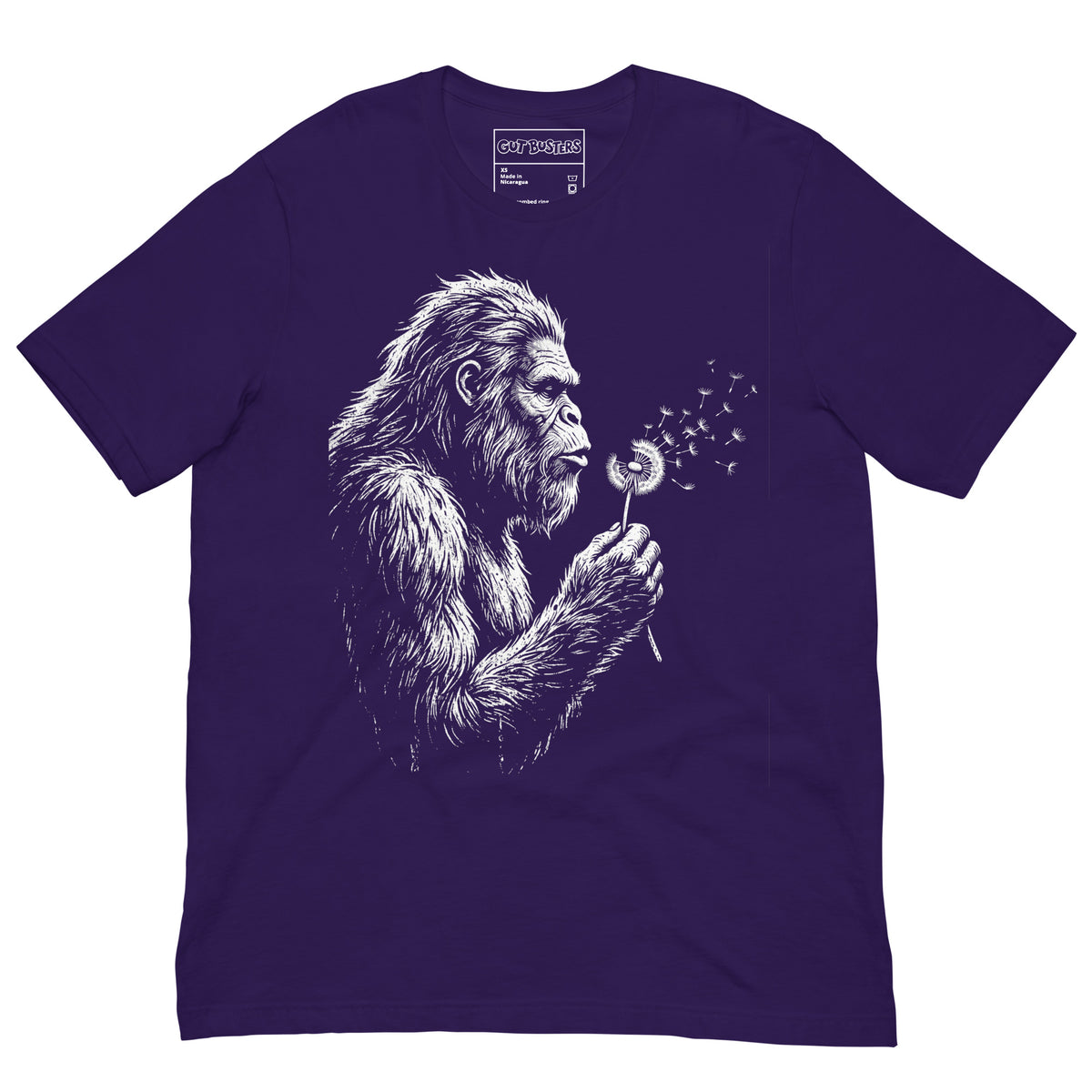 Funny "Bigfoots The Soft Giant" graphic printed on a team purple unisex tee, front view