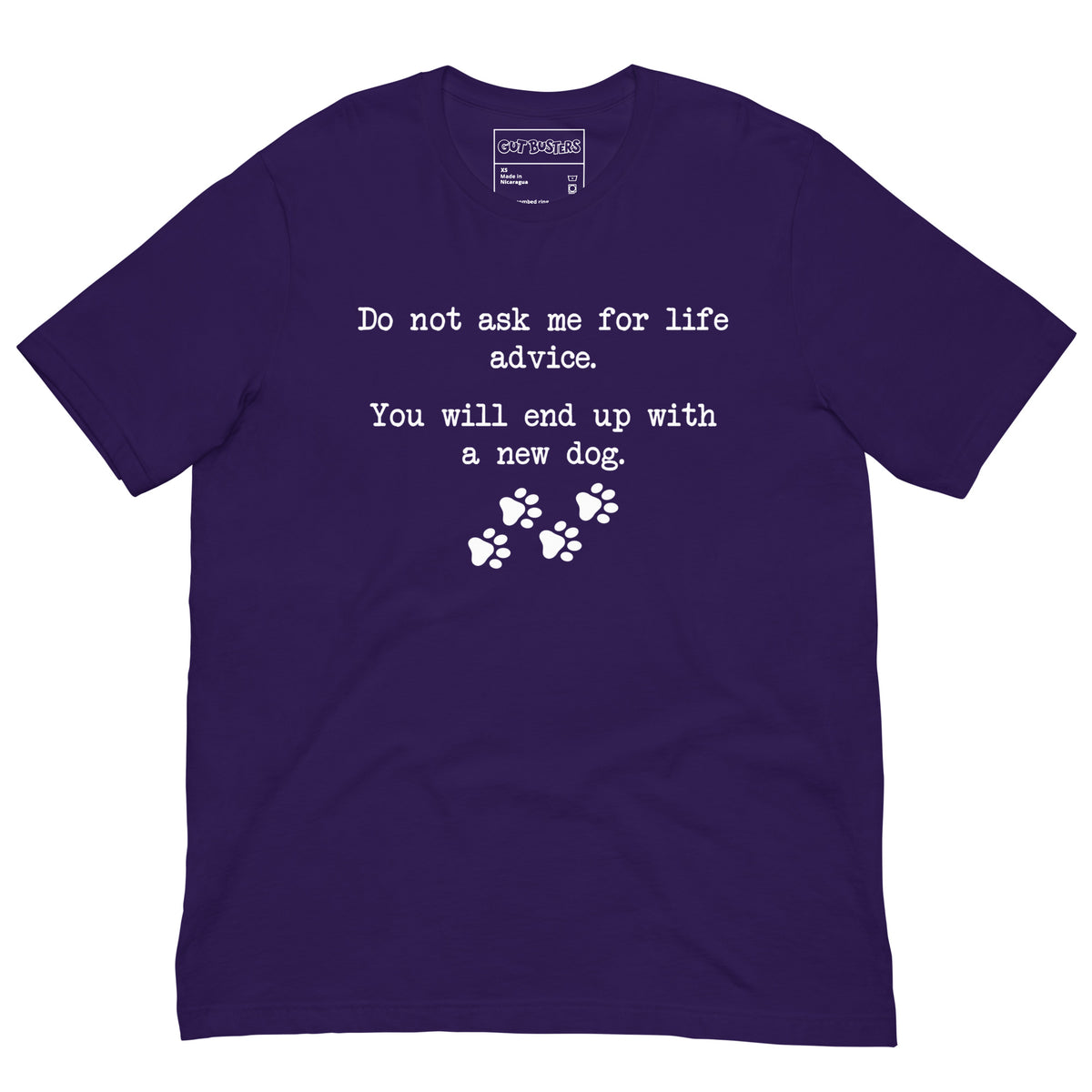 Funny "Don't Ask Me For Advice" graphic printed on a team purple unisex tee, front view