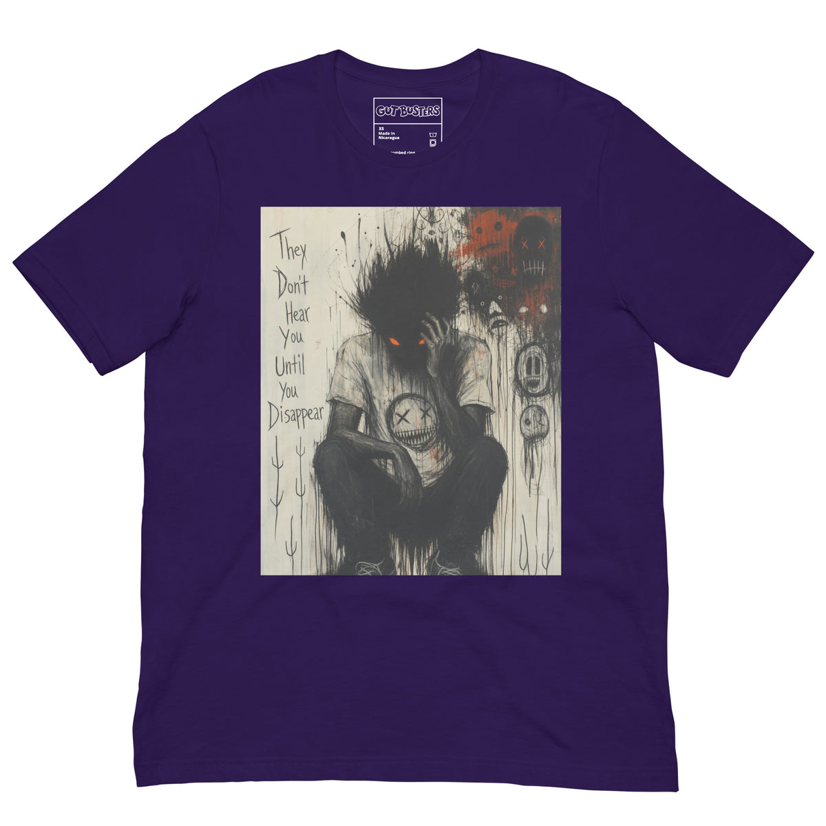 Purple unisex t-shirt with the 'To Late' goth graphic: a shadowy, wild-haired figure with glowing red eyes hunched over, with the words "They don't hear you until you disappear"