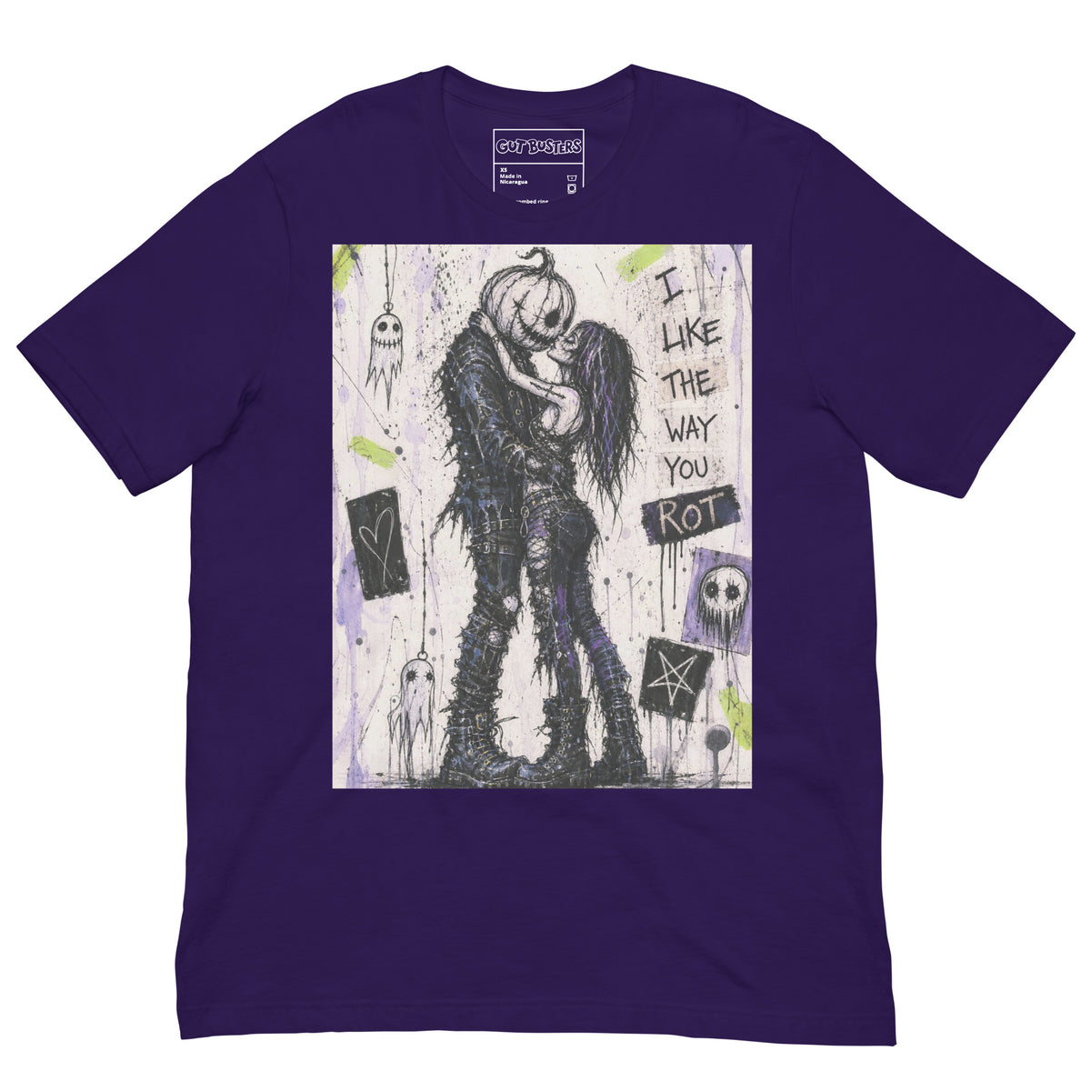 Purple unisex t-shirt with the 'I Like The Way You Rot' goth graphic: a pumpkin-headed zombie kissing a purple-haired goth girl, with the words "I like the way you rot"