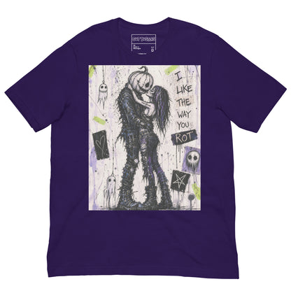 Purple unisex t-shirt with the 'I Like The Way You Rot' goth graphic: a pumpkin-headed zombie kissing a purple-haired goth girl, with the words "I like the way you rot"