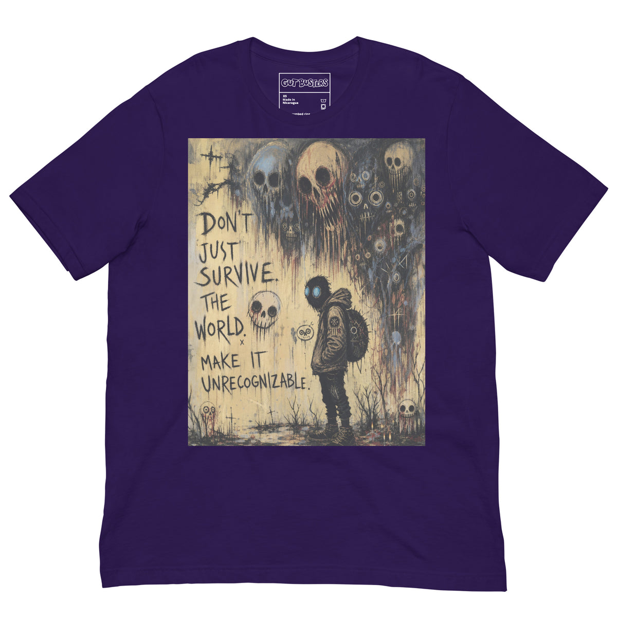 Purple unisex t-shirt with the 'World Changer' goth graphic: a hooded figure beneath looming skulls, with the words "Don't just survive the world, make it unrecognizable"