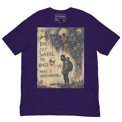 Purple unisex t-shirt with the 'World Changer' goth graphic: a hooded figure beneath looming skulls, with the words "Don't just survive the world, make it unrecognizable"