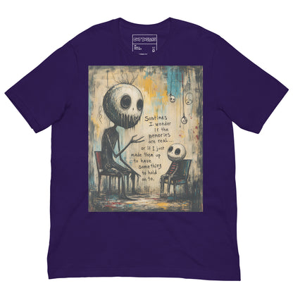 Purple unisex t-shirt with the 'Memories' goth graphic: two skull-faced figures sitting in chairs, with the words "Sometimes I wonder if the memories are real"