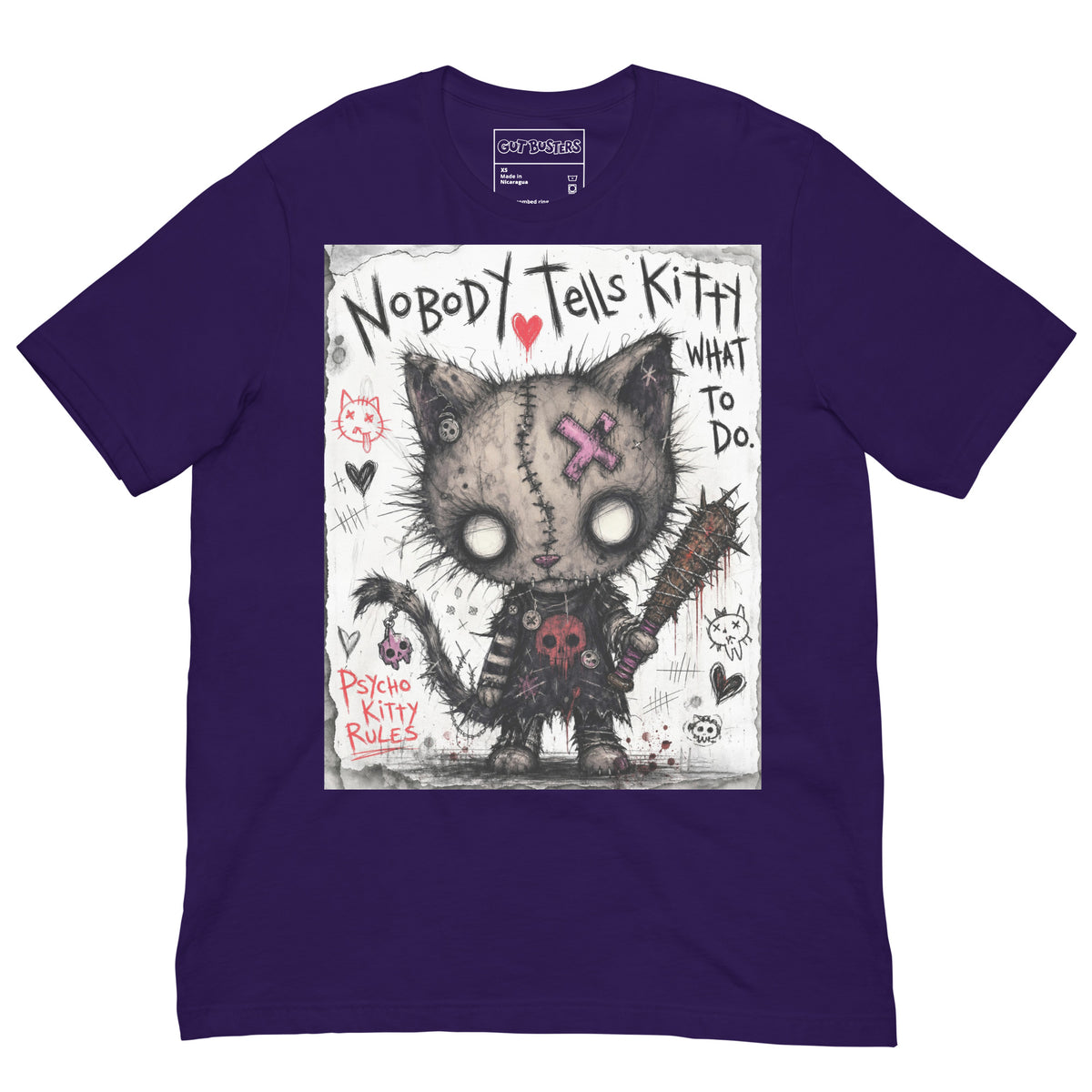 Purple unisex t-shirt with the 'Kitty' goth graphic: a stitched zombie cat holding a spiked bat, with the words "Nobody tells Kitty what to do"