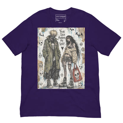 Purple unisex t-shirt with the 'Your Skin Awakens My Spirit' goth graphic: a grunge zombie couple standing together, with the words "Your skin awakens my spirit"