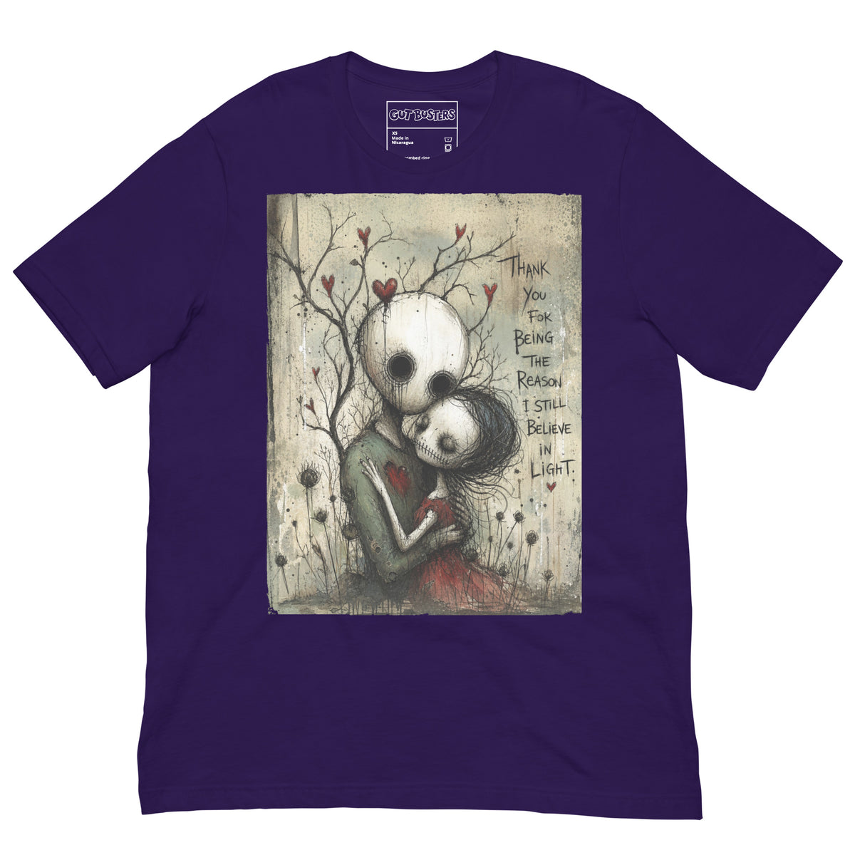 Purple unisex t-shirt with the 'My Light In Dark Places' goth graphic: a skull-faced couple embracing under a bare tree with red hearts, with the words "Thank you for being the reason I still believe in light"