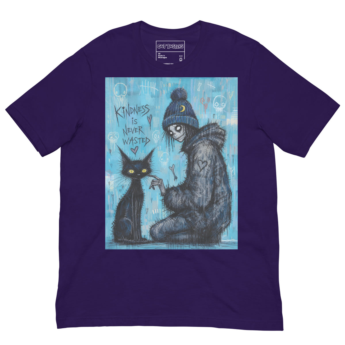 Purple unisex t-shirt with the 'Kindness Is Never Wasted' goth graphic: a girl in a moon beanie petting a black cat on a blue background, with the words "Kindness is never wasted"