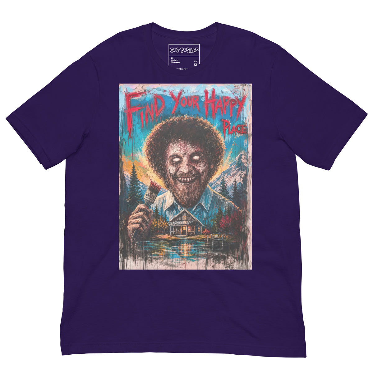 Purple unisex t-shirt with the 'Find Your Happy Place' goth graphic: a zombie painter with a curly afro holding a paintbrush in front of a lakeside cabin, with the words "Find your happy place"