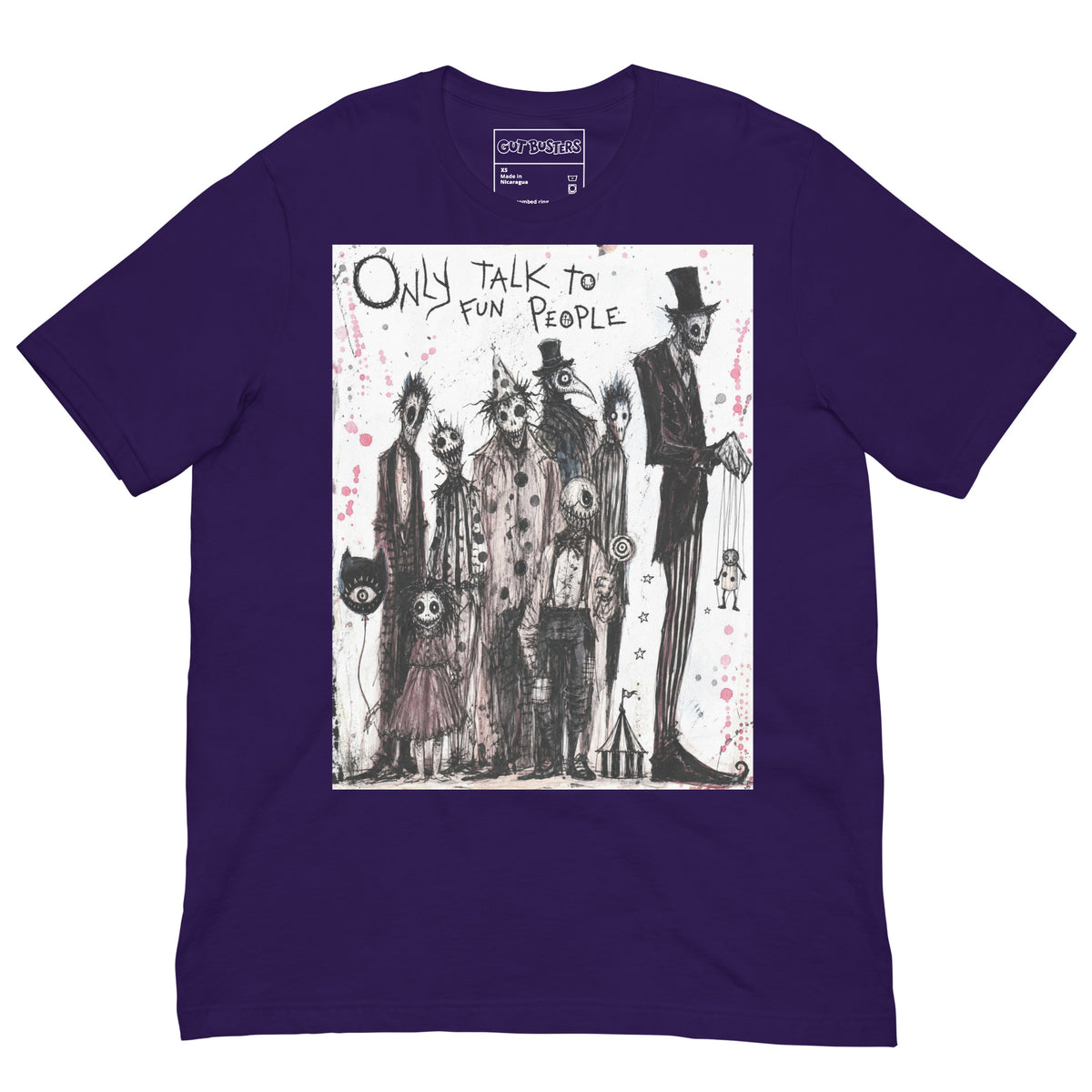Purple unisex t-shirt with the 'Only Talk To Fun People' goth graphic: a lineup of creepy circus-style characters, with the words "Only talk to fun people"