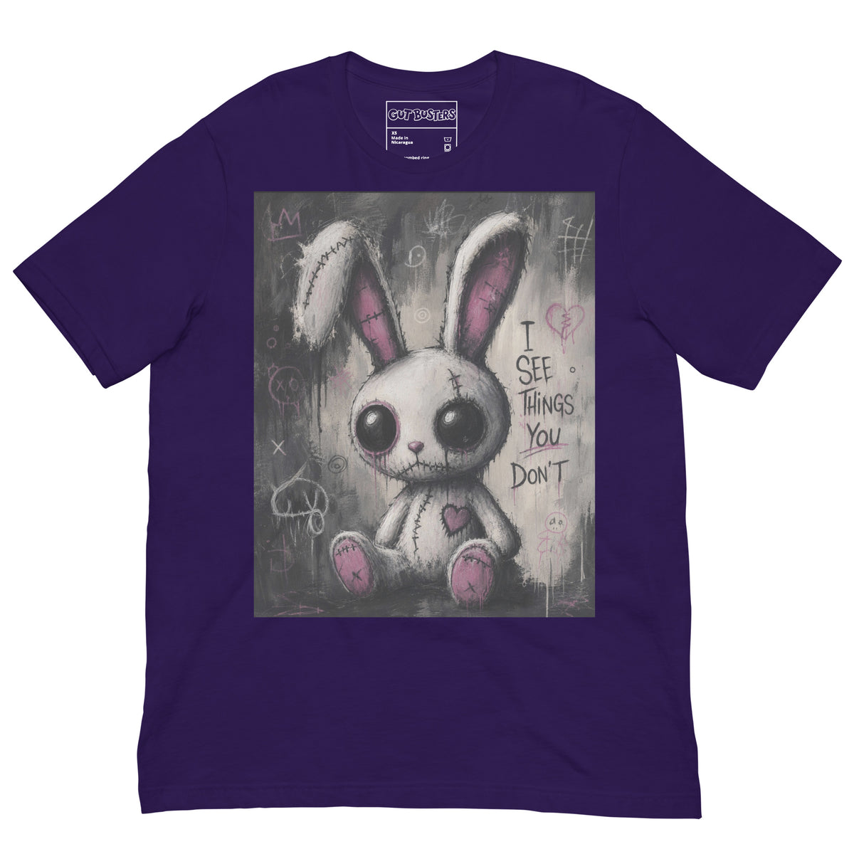 Purple unisex t-shirt with the 'I See Things You Don't' goth graphic: a stitched white bunny with hollow eyes, with the words "I see things you don't"