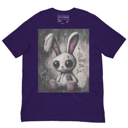 Purple unisex t-shirt with the 'I See Things You Don't' goth graphic: a stitched white bunny with hollow eyes, with the words "I see things you don't"
