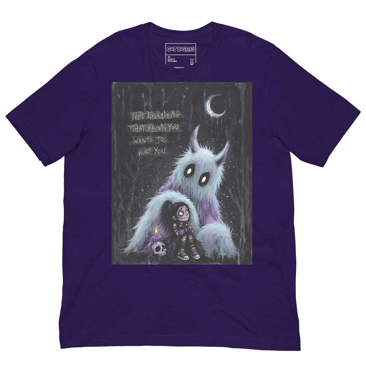 Purple unisex t-shirt with the 'The Haunted' goth graphic: a little goth girl holding a candle beside a fuzzy blue monster under a crescent moon, with the words "Not everything that haunts you wants to hurt you"