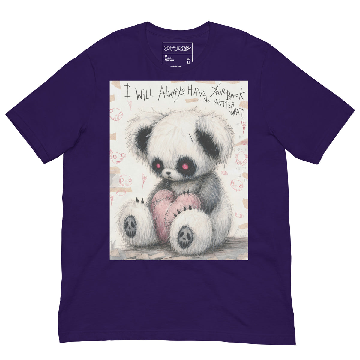 Purple unisex t-shirt with the 'Always Got Your Back' goth graphic: a stitched panda-style teddy bear holding a pink heart, with the words "I will always have your back no matter what"