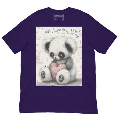 Purple unisex t-shirt with the 'Always Got Your Back' goth graphic: a stitched panda-style teddy bear holding a pink heart, with the words "I will always have your back no matter what"