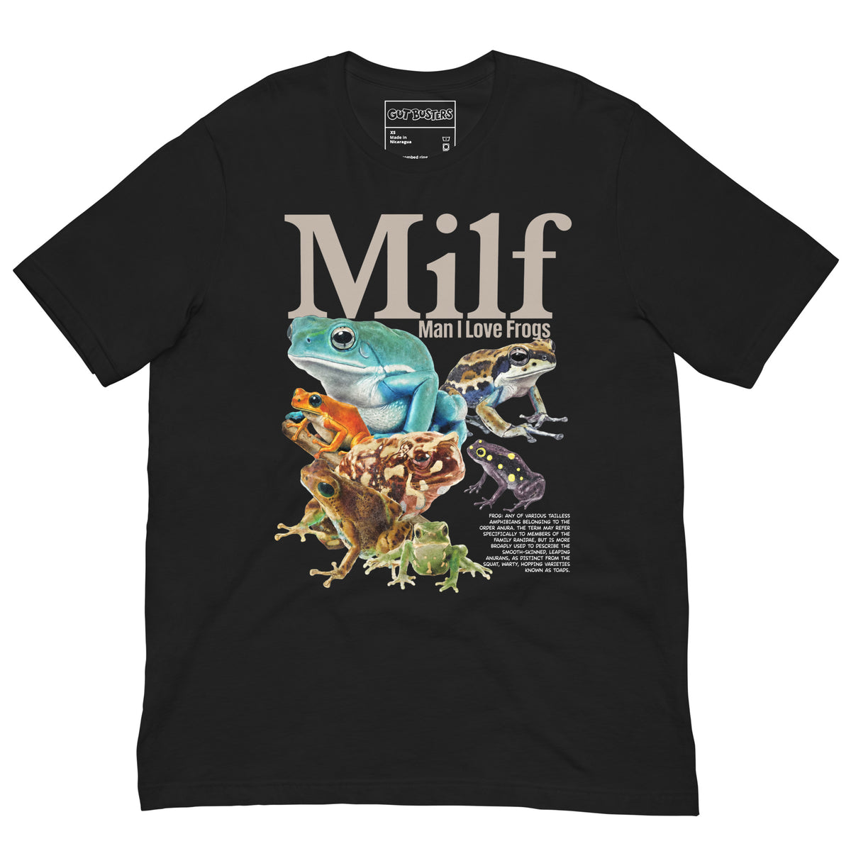 Funny "Milf: Man I Love Frog" graphic printed on a vintage black unisex tee, front view