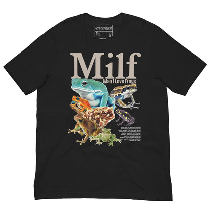 Funny "Milf: Man I Love Frog" graphic printed on a vintage black unisex tee, front view
