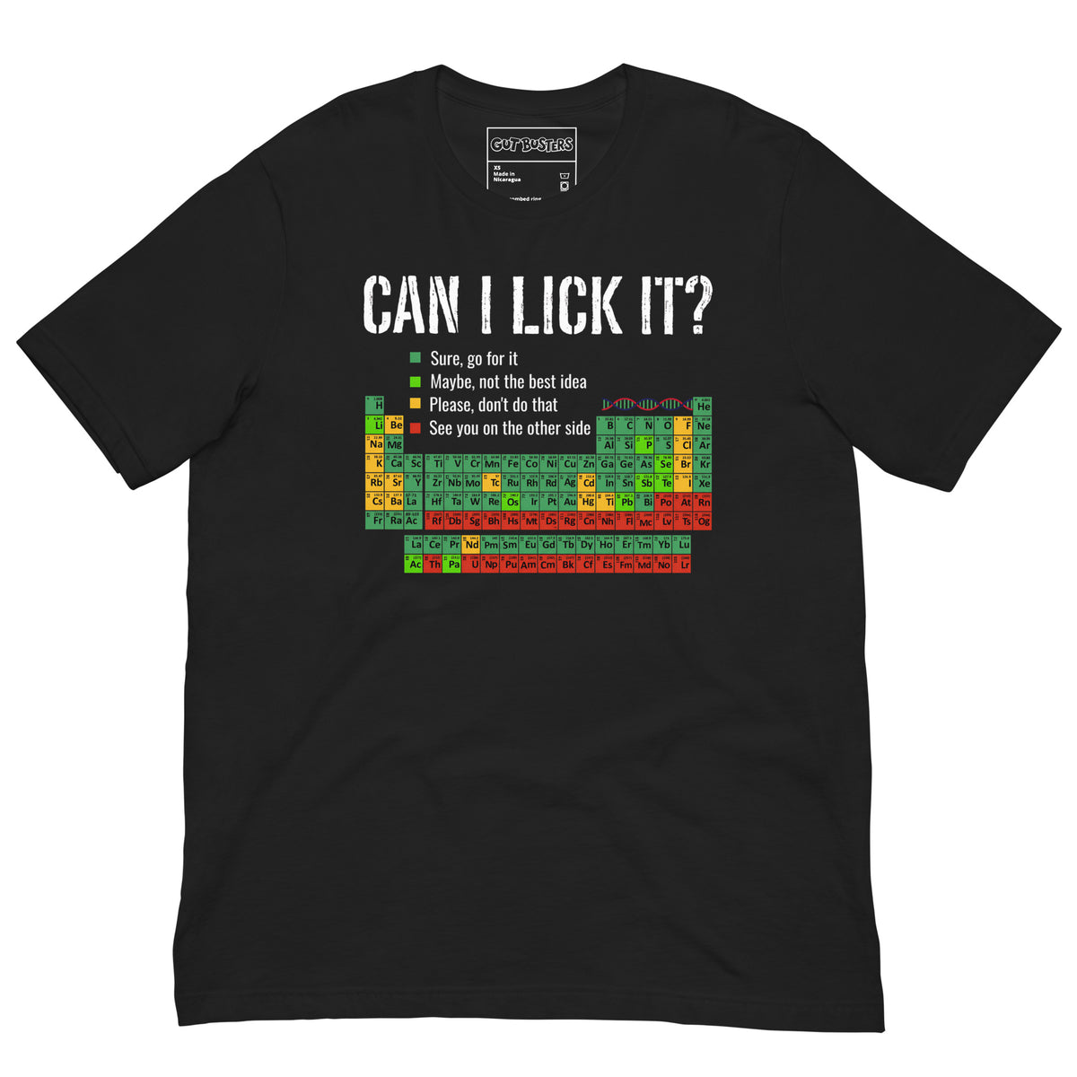 Funny "Can I Lick It? Chemistry 101" graphic printed on a vintage black unisex tee, front view