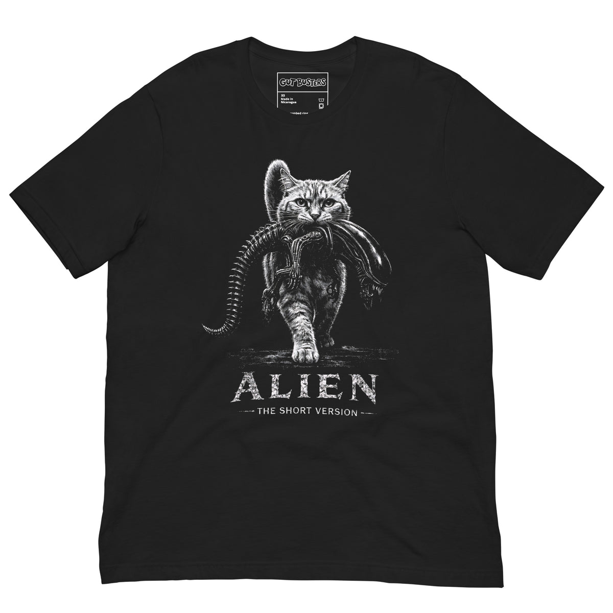 Funny "Aliens The Short Version: Space Cat" graphic printed on a vintage black unisex tee, front view