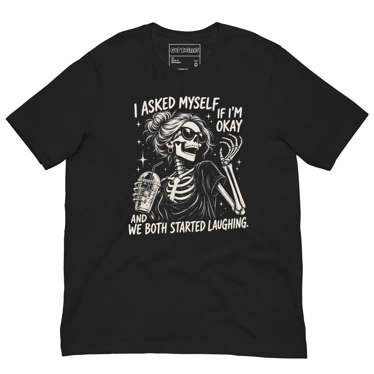 Funny "Am I Ok Self" graphic printed on a vintage black unisex tee, front view