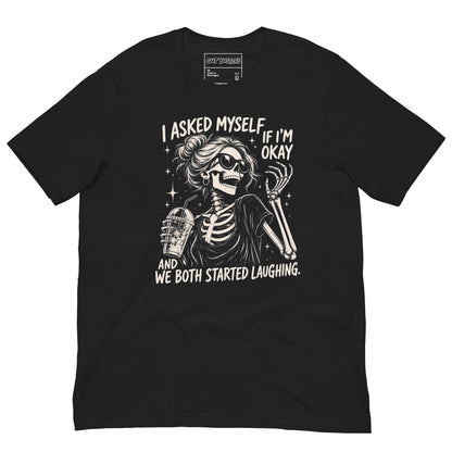 Funny "Am I Ok Self" graphic printed on a vintage black unisex tee, front view