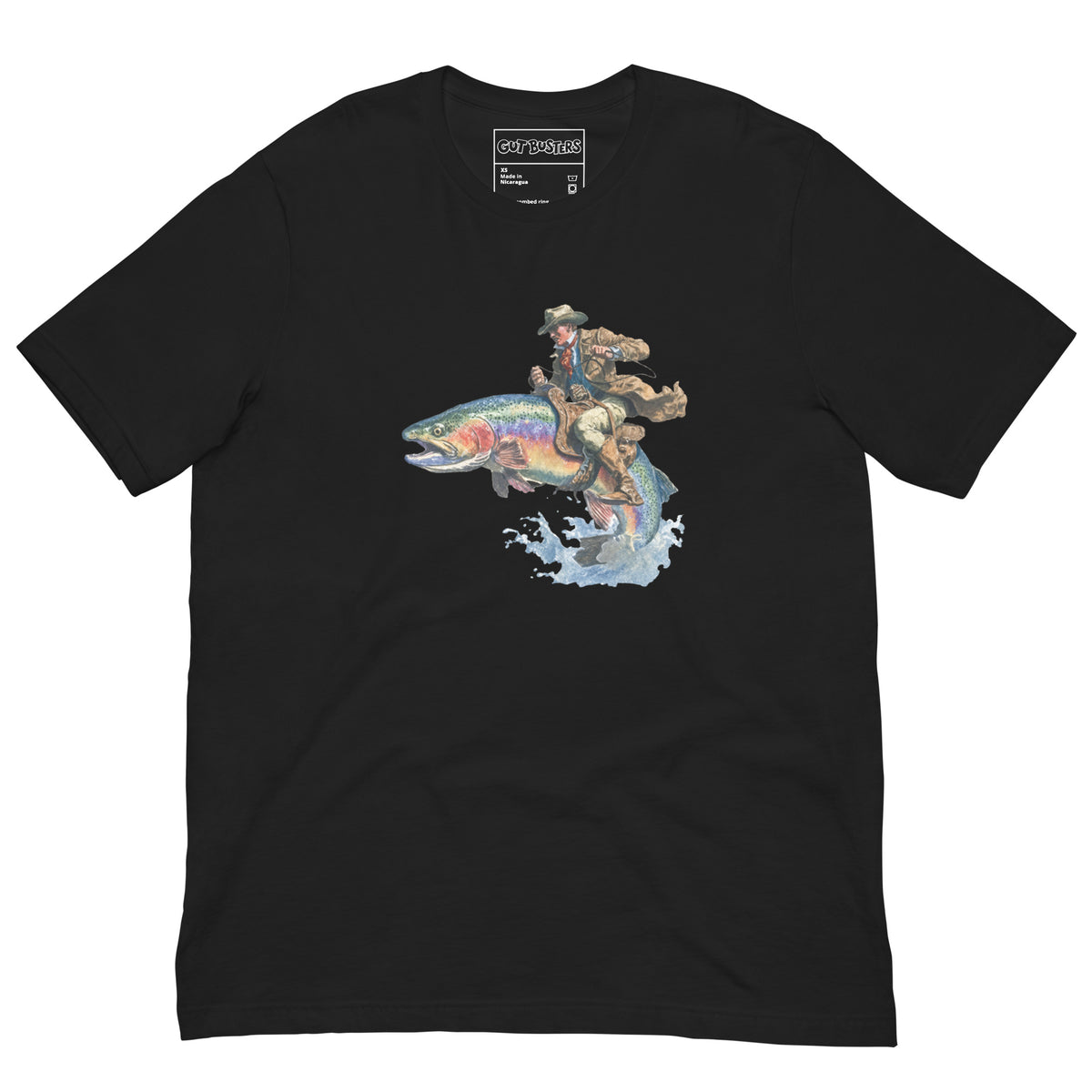 Funny "Salmon Wrangler...They're Real" graphic printed on a vintage black unisex tee, front view