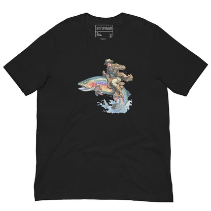 Funny "Salmon Wrangler...They're Real" graphic printed on a vintage black unisex tee, front view