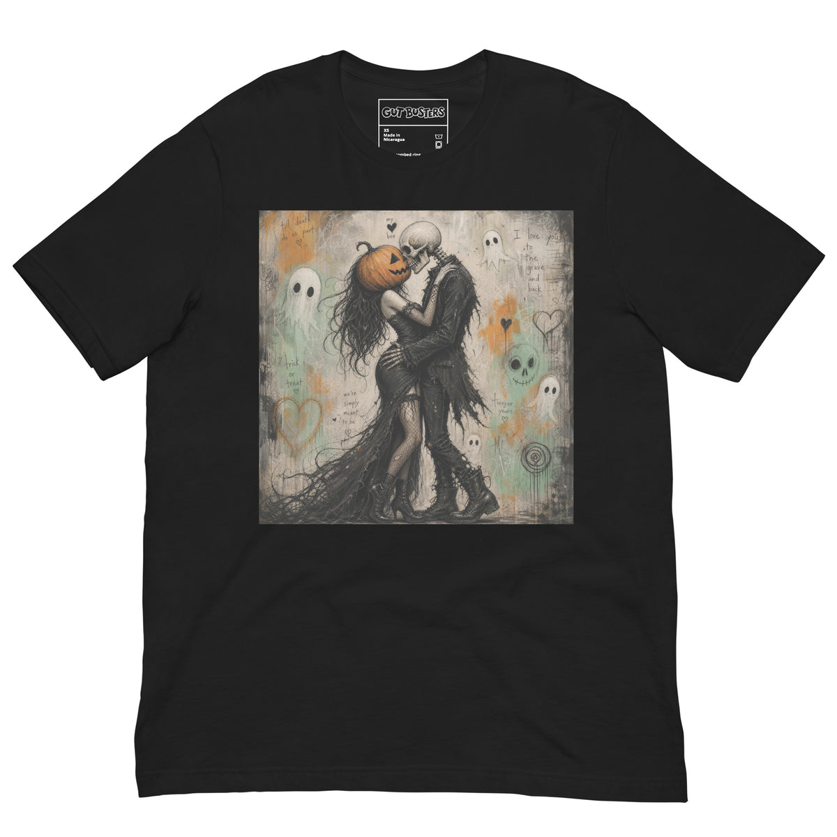 Vintage black unisex t-shirt with the 'Everlasting Love' goth graphic: a pumpkin-headed skeleton embracing a woman in a flowing black dress, surrounded by ghosts