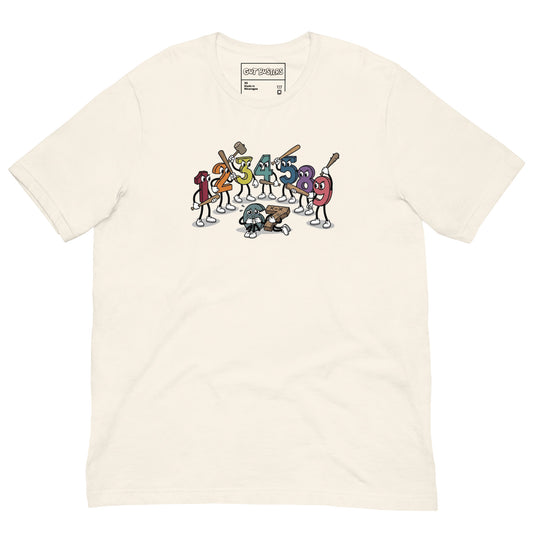 Funny "67...Six Seven..6 F*cking Seven" graphic printed on a vintage white unisex tee, front view