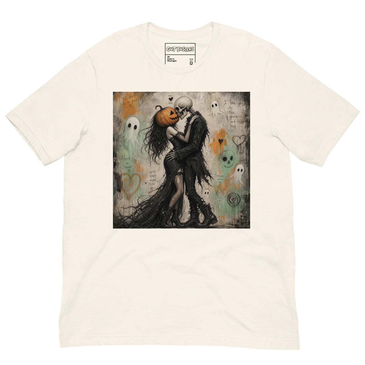 Vintage white unisex t-shirt with the 'Everlasting Love' goth graphic: a pumpkin-headed skeleton embracing a woman in a flowing black dress, surrounded by ghosts