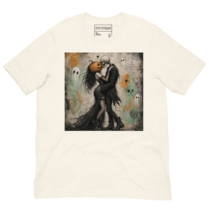 Vintage white unisex t-shirt with the 'Everlasting Love' goth graphic: a pumpkin-headed skeleton embracing a woman in a flowing black dress, surrounded by ghosts