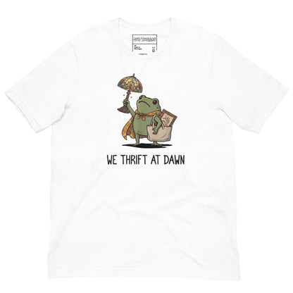 Funny "We Thrift At Dawn Frog" graphic printed on a white unisex tee, front view
