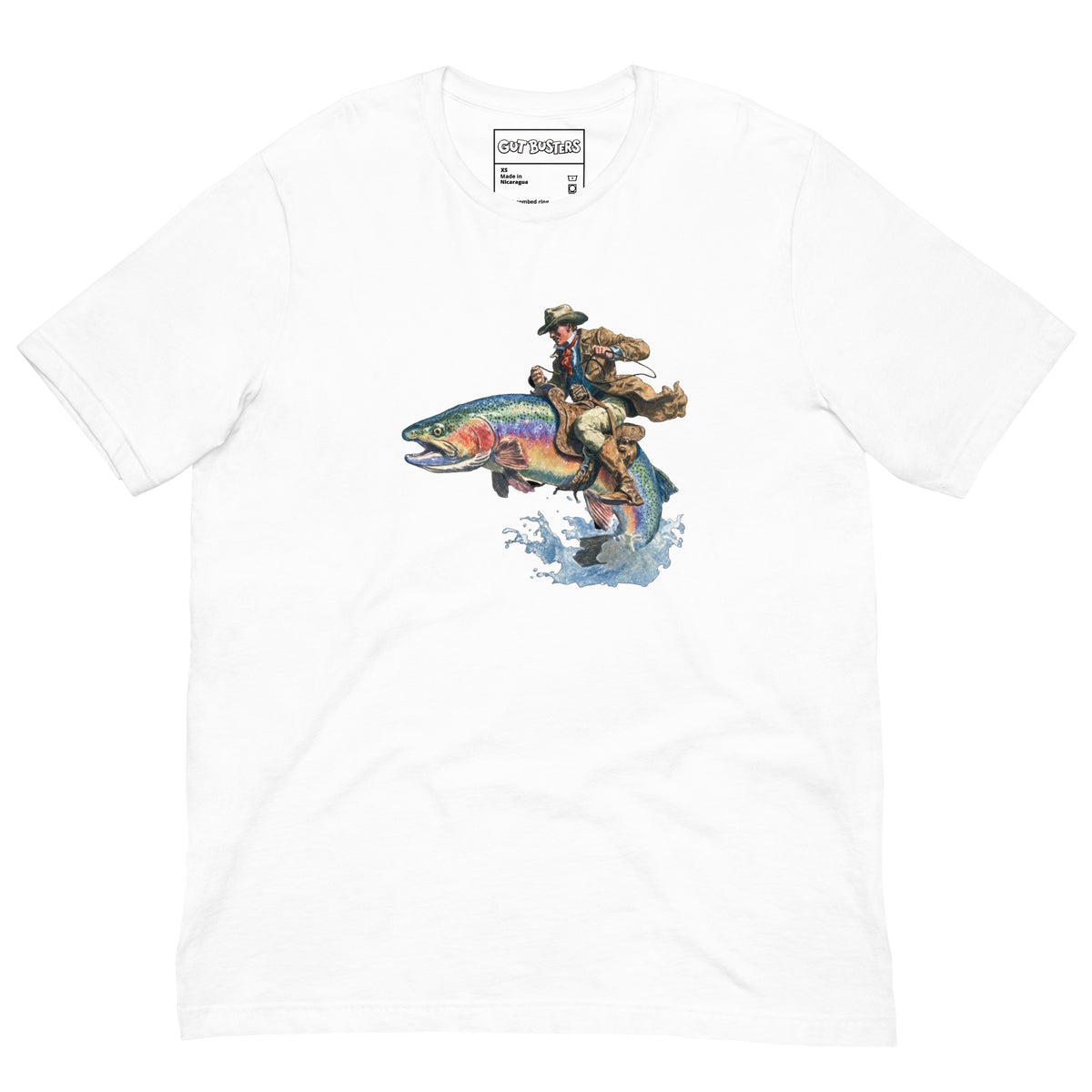 Funny "Salmon Wrangler...They're Real" graphic printed on a white unisex tee, front view
