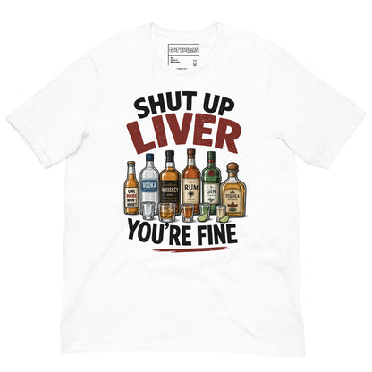 Funny "My Drinking Shirt" graphic printed on a white unisex tee, front view