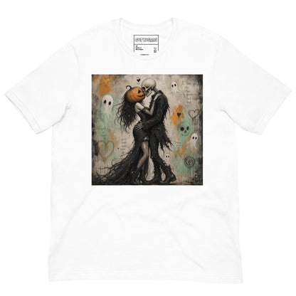 White unisex t-shirt with the 'Everlasting Love' goth graphic: a pumpkin-headed skeleton embracing a woman in a flowing black dress, surrounded by ghosts
