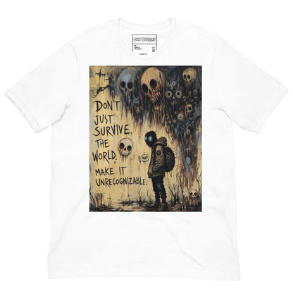 White unisex t-shirt with the 'World Changer' goth graphic: a hooded figure beneath looming skulls, with the words "Don't just survive the world, make it unrecognizable"