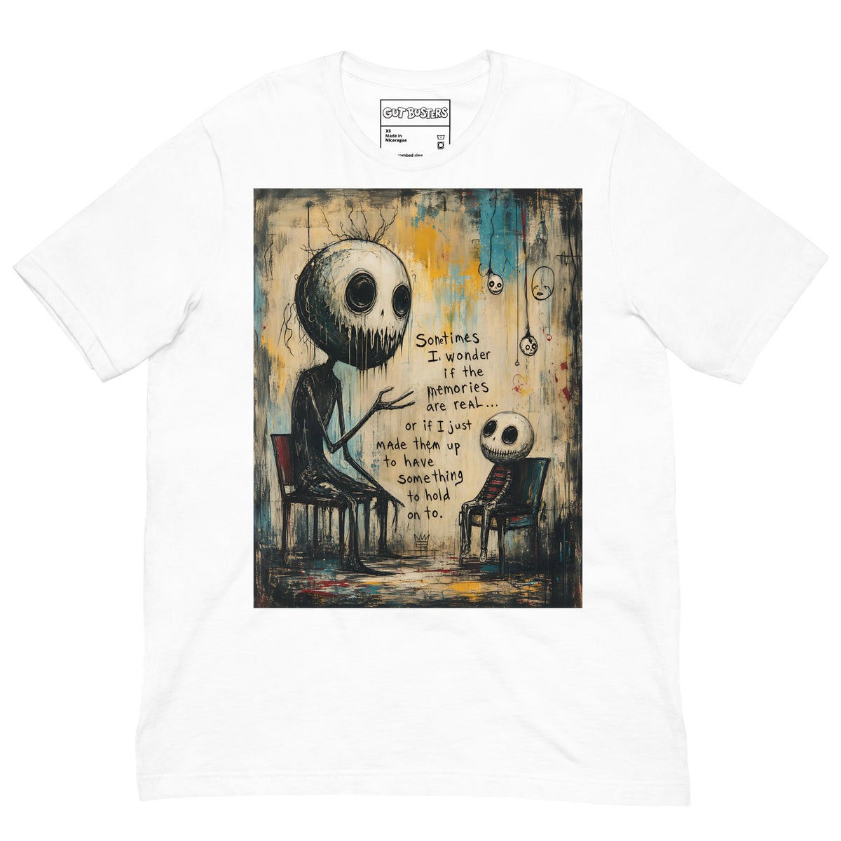 White unisex t-shirt with the 'Memories' goth graphic: two skull-faced figures sitting in chairs, with the words "Sometimes I wonder if the memories are real"
