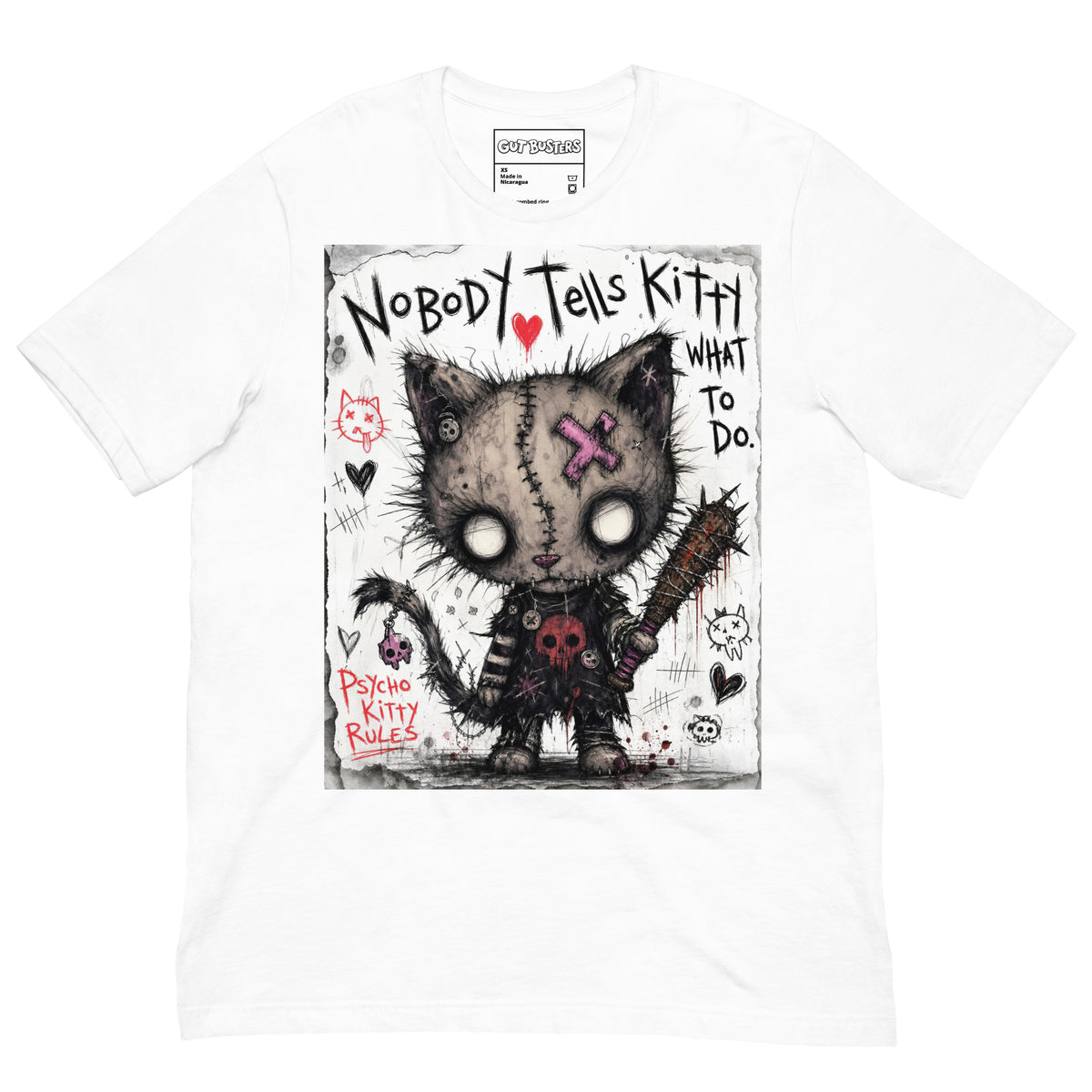 White unisex t-shirt with the 'Kitty' goth graphic: a stitched zombie cat holding a spiked bat, with the words "Nobody tells Kitty what to do"