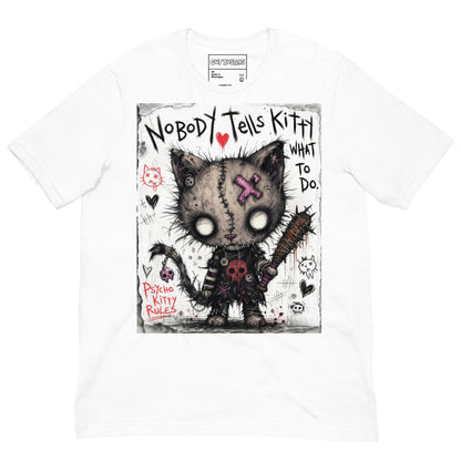 White unisex t-shirt with the 'Kitty' goth graphic: a stitched zombie cat holding a spiked bat, with the words "Nobody tells Kitty what to do"