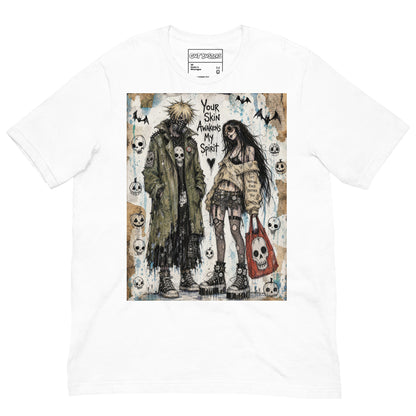 White unisex t-shirt with the 'Your Skin Awakens My Spirit' goth graphic: a grunge zombie couple standing together, with the words "Your skin awakens my spirit"