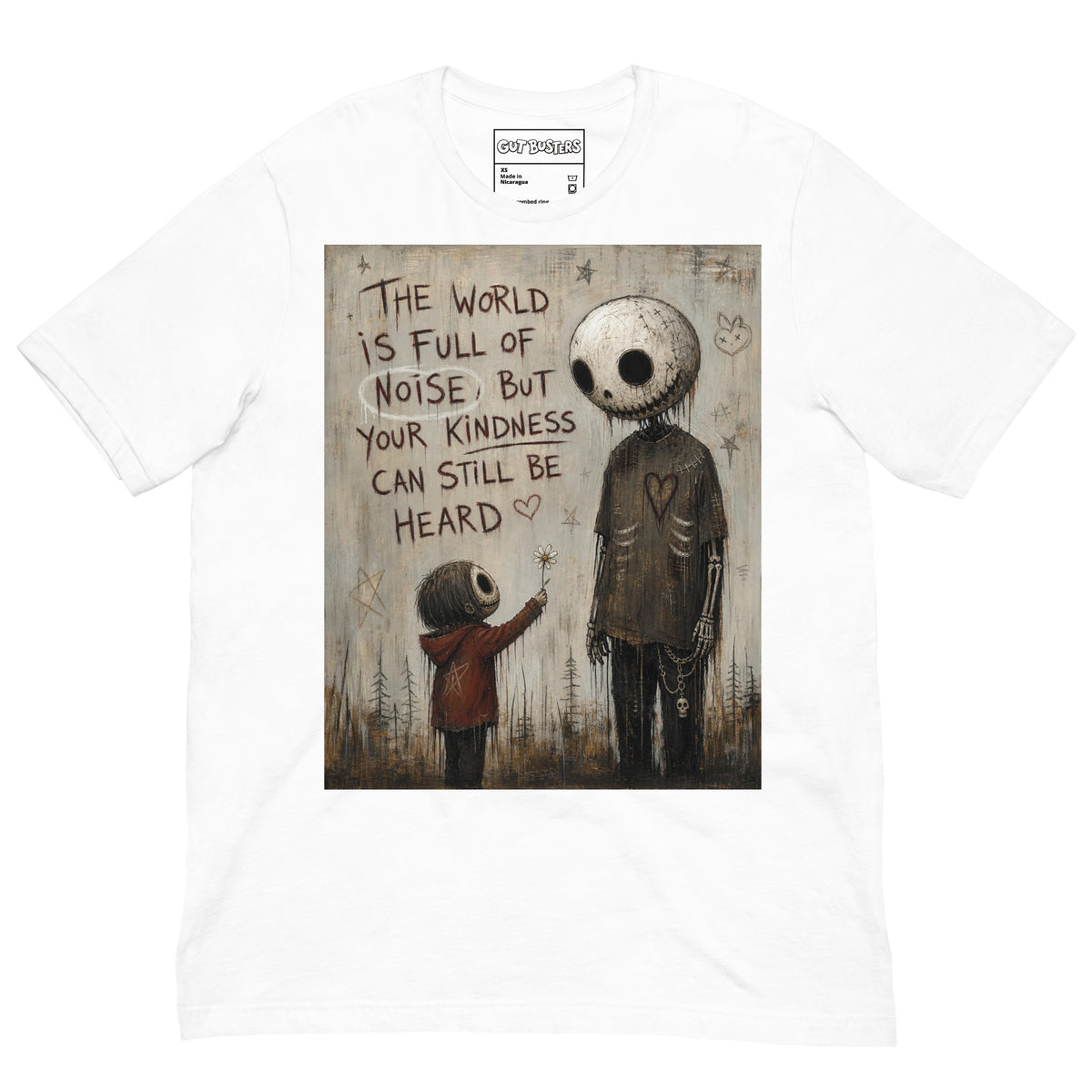 White unisex t-shirt with the 'Stay Kind' goth graphic: a tall skull-faced figure and a small child holding a flower, with the words "The world is full of noise, but your kindness can still be heard"