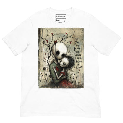 White unisex t-shirt with the 'My Light In Dark Places' goth graphic: a skull-faced couple embracing under a bare tree with red hearts, with the words "Thank you for being the reason I still believe in light"