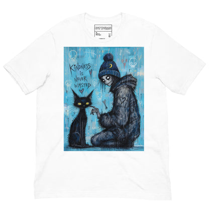 White unisex t-shirt with the 'Kindness Is Never Wasted' goth graphic: a girl in a moon beanie petting a black cat on a blue background, with the words "Kindness is never wasted"