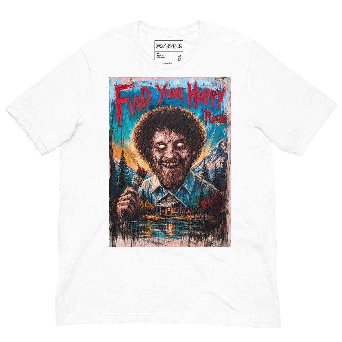 White unisex t-shirt with the 'Find Your Happy Place' goth graphic: a zombie painter with a curly afro holding a paintbrush in front of a lakeside cabin, with the words "Find your happy place"