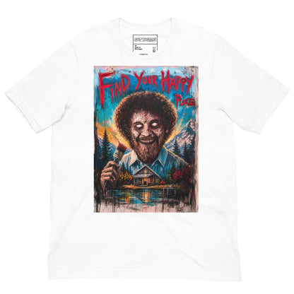 White unisex t-shirt with the 'Find Your Happy Place' goth graphic: a zombie painter with a curly afro holding a paintbrush in front of a lakeside cabin, with the words "Find your happy place"