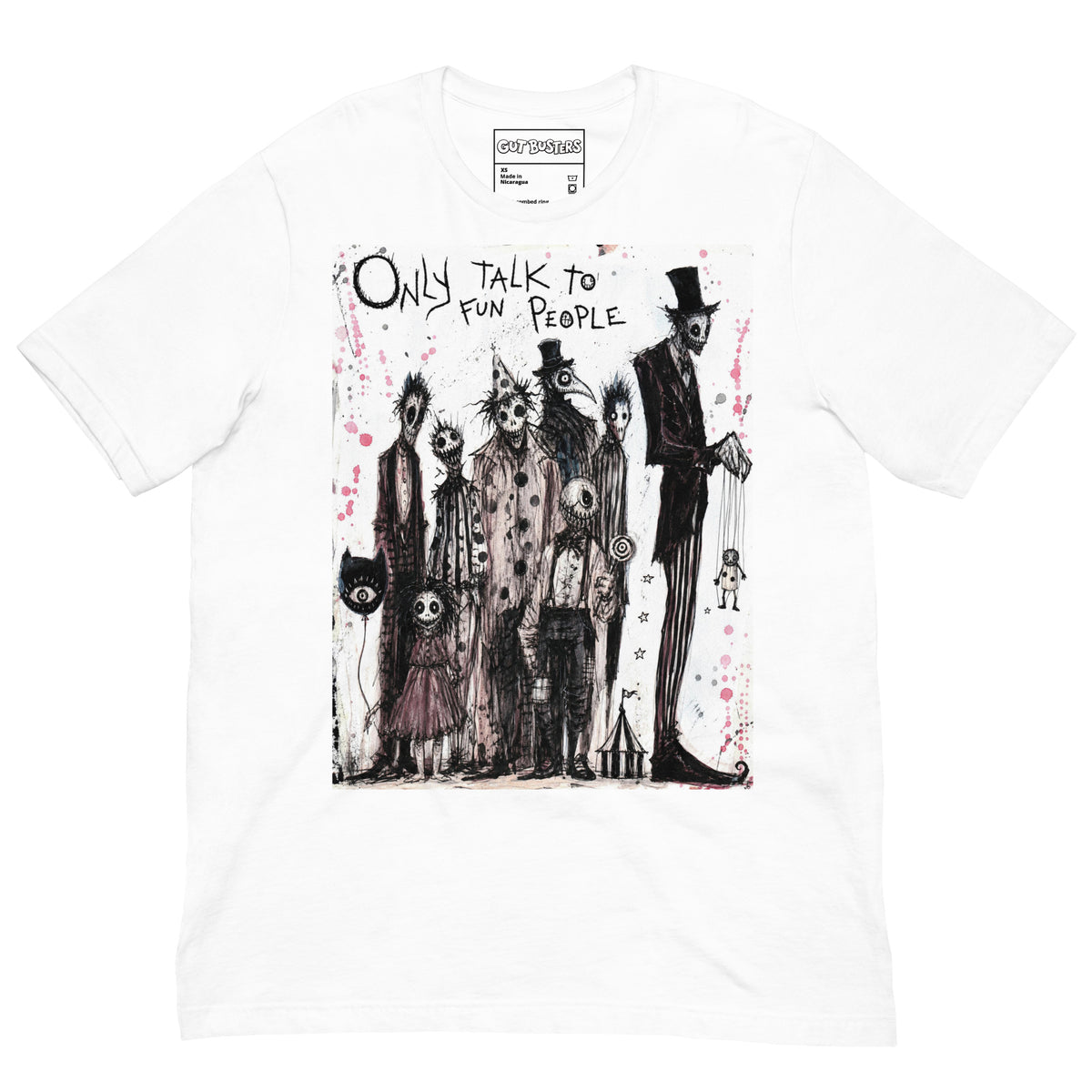 White unisex t-shirt with the 'Only Talk To Fun People' goth graphic: a lineup of creepy circus-style characters, with the words "Only talk to fun people"