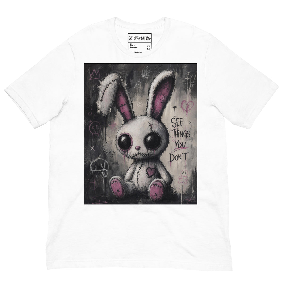 White unisex t-shirt with the 'I See Things You Don't' goth graphic: a stitched white bunny with hollow eyes, with the words "I see things you don't"