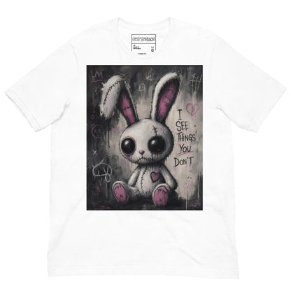 White unisex t-shirt with the 'I See Things You Don't' goth graphic: a stitched white bunny with hollow eyes, with the words "I see things you don't"