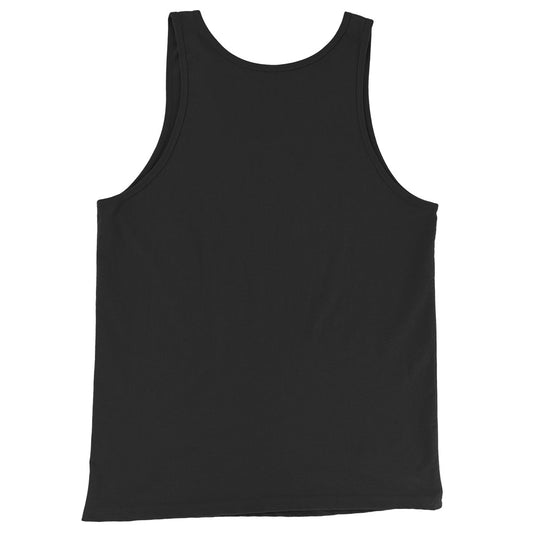 Unisex tank top, solid black front with crew neckline and wide shoulder straps
